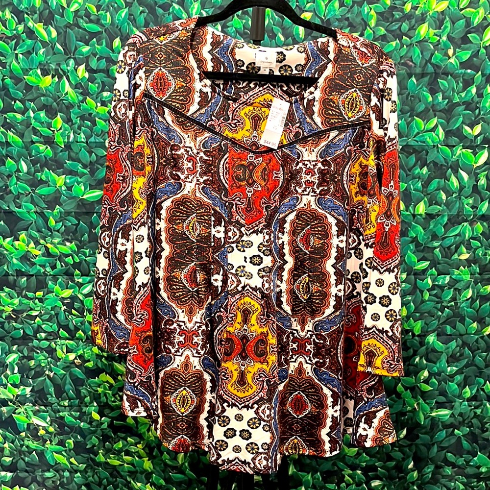 Cute multi colored roz and paisley pin tuck long sleeve pop over top size 1x